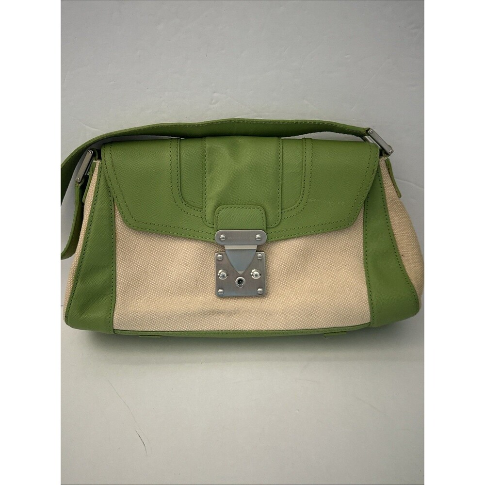 Antonio Melani Green And Ivory Canvas Shoulder Bag Leather Trim Zip Pocket